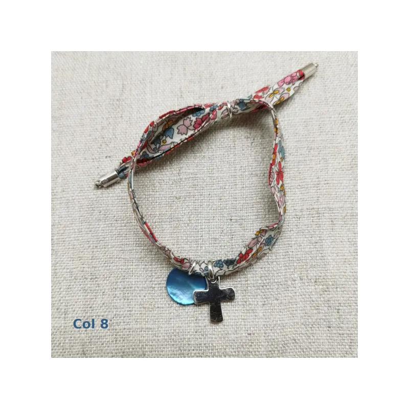 Bracelet religeux croix argent sur liberty ajustable, cadeau religieux