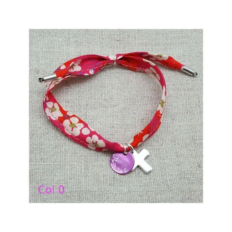 Bracelet religeux croix argent sur liberty ajustable, cadeau religieux