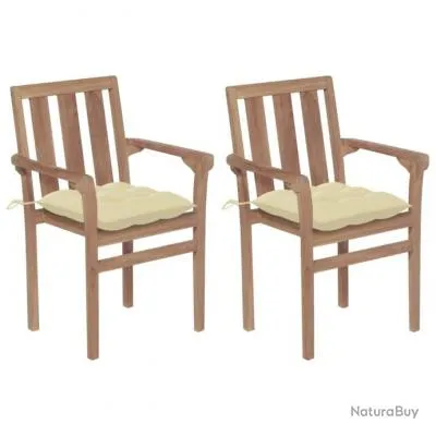 Chaises de jardin 2 pcs avec coussins blanc crème Teck massif 3062225