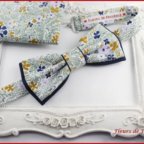 Noeud papillon double tissu liberty vert, blanc et bleu - enfant