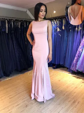 Robe De Soirée Sirène Dos Nu Simple Rose Satin Col Bateau