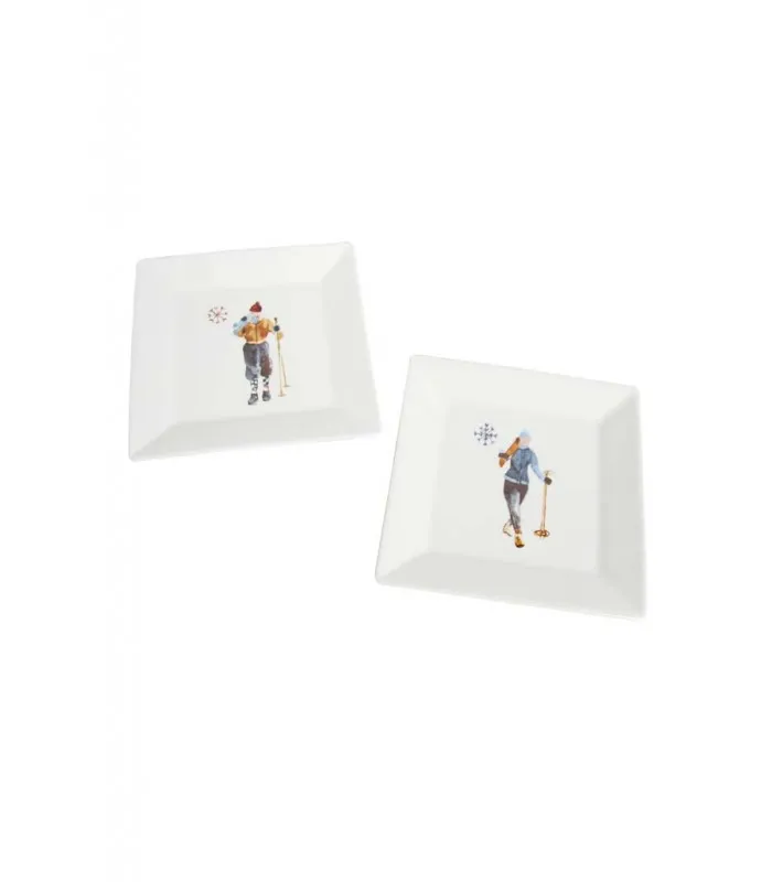 Set de 2 Assiettes Creuses en Céramique Blanche Skieurs Flocon